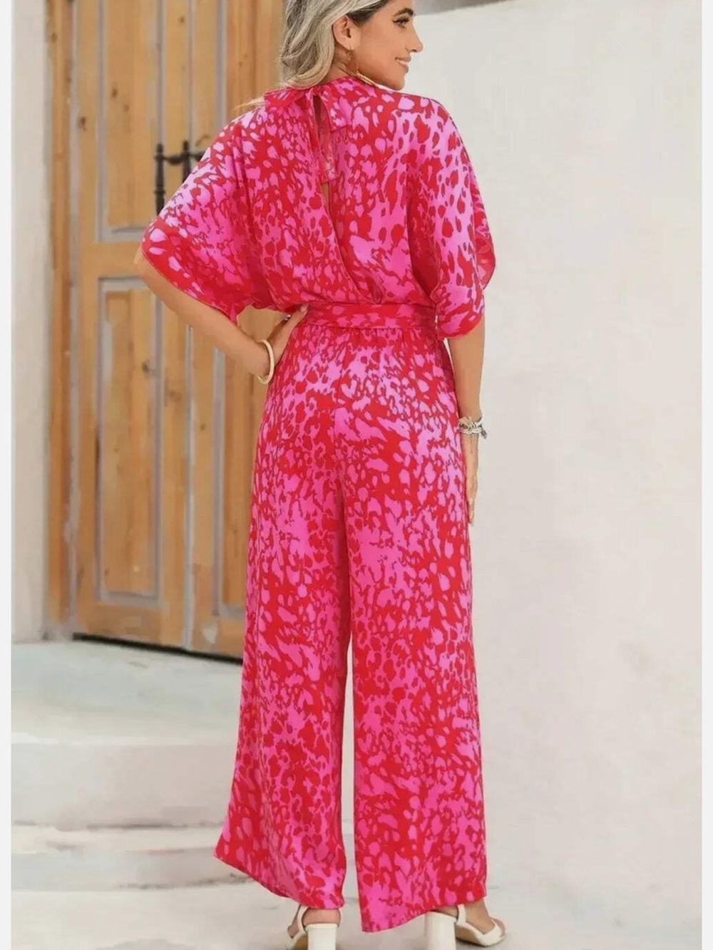 Pink Rose Leopard Print Tulip Sleeve Belted Wide Leg Jumpsuit Sz XL - Picture 2 of 9